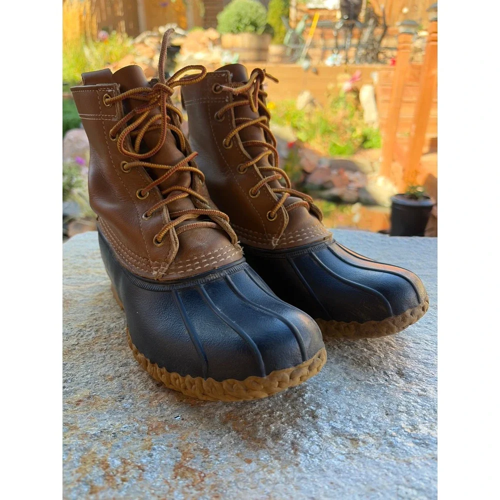 LL Bean 8 Inch Duck Boots Mens 9 Brown Navy Leather Waterproof Rain Snow Maine